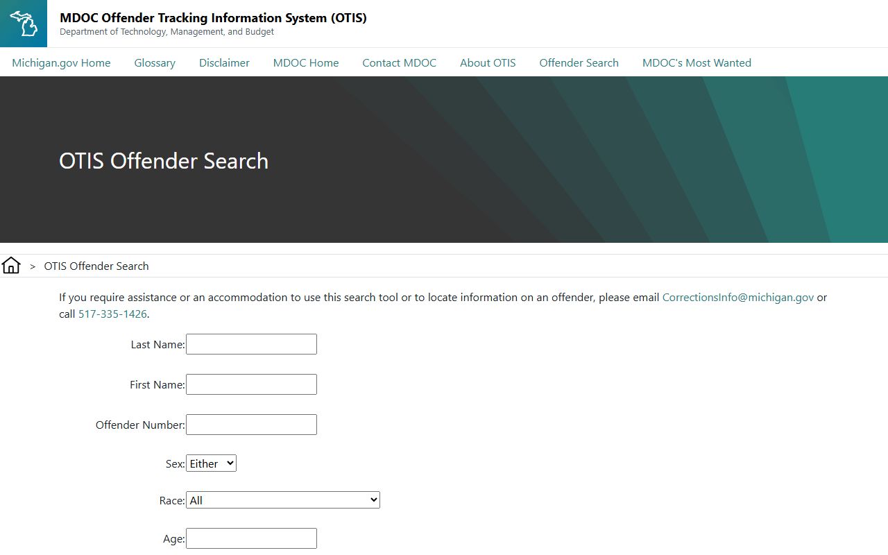 Sanilac County inmate records Michigan OTIS search form