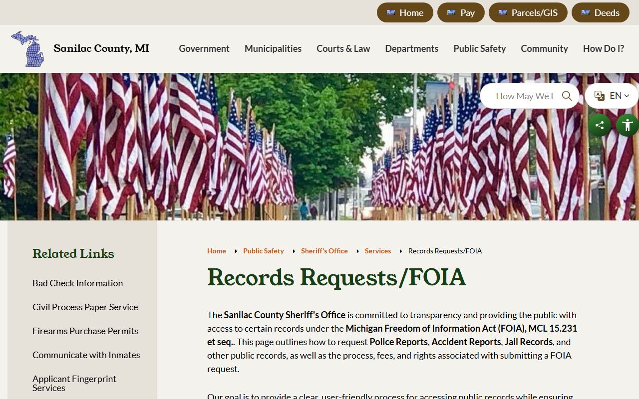 Sanilac County jail mugshots FOIA records request