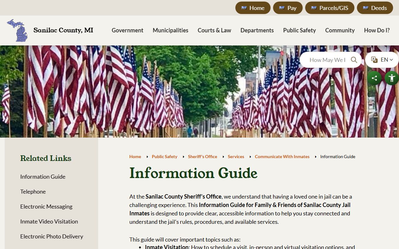 Sanilac County inmate information guide page with jail information desk details